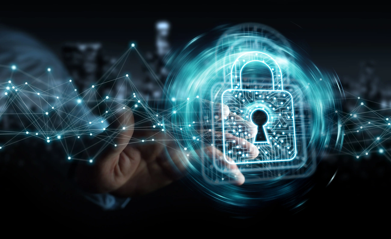 Digital lock symbolizing secure content protection technology with connected glowing network nodes on dark background.